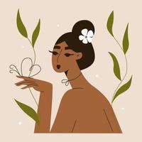 jovem e bela mulher asiática afro-americana com uma flor no cabelo. saúde mental da mulher. beleza da natureza. autocuidado, amor, bem-estar. ilustração vetorial do dia da mulher. vetor