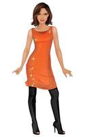 vetor moda jovem mulher de vestido laranja e botas pretas de salto alto acima do joelho