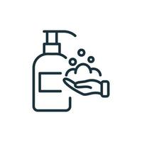 sabonete líquido antibacteriano com ícone de linha de garrafa de bombeamento. pictograma linear do conceito de lavagem das mãos. higiene e desinfecção do ícone de contorno das mãos. ilustração vetorial isolado. vetor