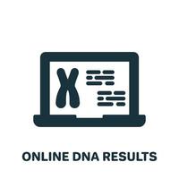 resultado do teste de dna on-line no ícone de silhueta da tela do laptop. informação genética no pictograma de computador. resultado do ícone de glifo de teste on-line do cromossomo. ilustração vetorial isolado. vetor