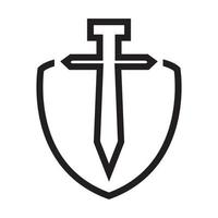 espada de linha com design de logotipo de escudo, ideia criativa de ilustração de ícone de símbolo gráfico vetorial vetor