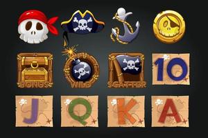 conjunto de ícones piratas para máquinas caça-níqueis. moedas, tesouros, caveira, símbolos piratas para o jogo. vetor