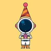 astronauta carregando bolo de aniversário, ilustração de ícone de desenho animado fofo vetor