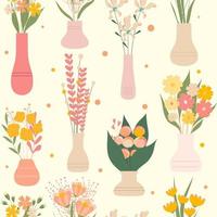 fundo sem costura de flores desabrochando selvagens e jardim em vases.set de elementos decorativos de design floral. ilustração em vetor plana dos desenhos animados.