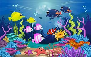ilustrações da beleza da vida marinha. peixes, algas e recifes de coral são lindos e coloridos vetor