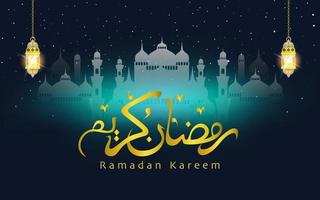 Ramadan Karim. design islâmico com caligrafias desenhadas à mão, lanterna e mesquita vetor