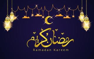 Ramadan Karim. design islâmico com caligrafias desenhadas à mão, lua crescente e lanterna vetor