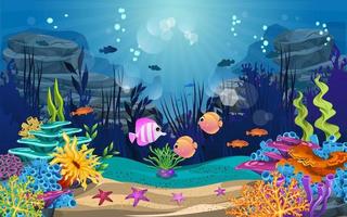 ilustração subaquática e vida. peixes, algas e recifes de coral são lindos e coloridos vetor