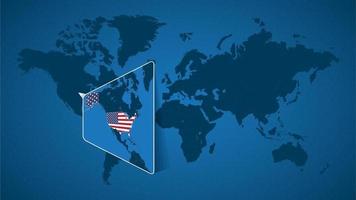 mapa-múndi detalhado com mapa ampliado fixado dos estados unidos e países vizinhos. vetor