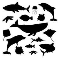 conjunto de animais de forma de mar de oceano de vetor de silhueta branca preta dos desenhos animados. baleia, golfinho, tubarão, arraia, água-viva, peixe, estrelas. animais isolados no fundo branco, estilo simples