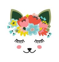 o rosto de um gato fofo, uma coroa de flores na cabeça. olhos fechados e sorrindo. ilustração vetorial em um fundo branco vetor