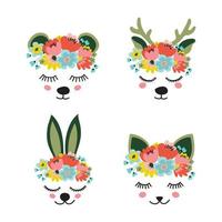 o rosto de um veado fofo, lebre, gatinho e urso, uma coroa de flores na cabeça. olhos de cabeça de animais fechados e sorrindo. ilustração vetorial plana vetor