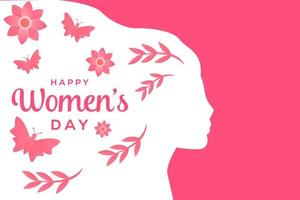 ilustração do dia da mulher feliz com silhueta de mulher, folhas, borboleta e flor vetor