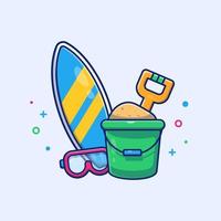 prancha de surf, areia snorkel e ilustração de ícone de desenho vetorial de balde. férias ícone ao ar livre conceito isolado vetor premium. estilo de desenho animado plano