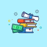 bolsa de estudos, certificado, dinheiro e ilustração de ícone do vetor dos desenhos animados do livro. educação ícone financeiro conceito isolado vetor premium. estilo de desenho animado plano