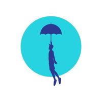 silhueta jovem voar com design de logotipo de guarda-chuva, ilustração de ícone de símbolo gráfico vetorial ideia criativa vetor