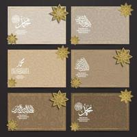 seis conjuntos mawlid al-nabi saudação fundo islâmico padrão floral vector design com caligrafia árabe e mesquita para cartão, banner, papel de parede, capa, panfleto. a média é o aniversário do profeta muhammad