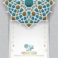 mawlid al-nabi cartão design de vetor padrão islâmico com caligrafia árabe de ouro brilhante com crescente. também pode ser usado para plano de fundo, banner, capa. a média é o aniversário do profeta muhammad