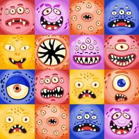 monstro assustador ou alienígenas enfrenta máscaras com boca e olhos. rostos de monstros de vetor dos desenhos animados definidos com emoções de expressões diferentes.