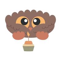 coruja de pássaro bonito com olhos grandes com cupcake e vela vetor