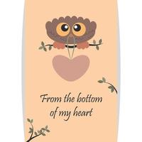 coruja de pássaro bonito com olhos grandes, sentado no galho e segurando um grande coração em seu cartão de dia dos namorados de bico vetor