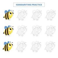 prática de caligrafia para crianças com abelha de desenho animado. vetor