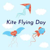 Pipas voadoras de desenhos animados em várias formas coloridas brinquedos  de vento para crianças pipa de diamante borboleta para festival de verão ao  ar livre conjunto de vetores