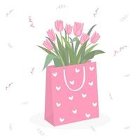 tulipas cor de rosa em um pacote e serpentina. composição floral para férias e celebração. vetor