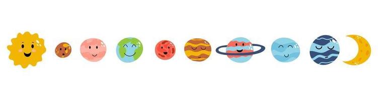 conjunto de planeta fofo como terra, venus, mercúrio, júpiter, saturno, marte, netuno, urano, plutão em estilo infantil plano de desenho animado. ilustração vetorial de elementos de espaço brilhante para vestuário de bebê, têxtil vetor