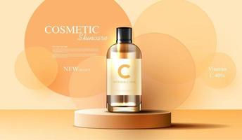 cosméticos vitamina c ou anúncios de produtos de cuidados com a pele com garrafa, anúncio de banner para produtos de beleza e efeito de luz brilhante de fundo do céu. desenho vetorial vetor