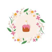 quadro de flor bonito com bolo de aniversário. ilustração vetorial vetor