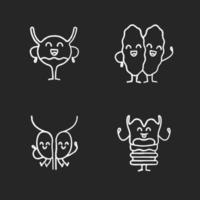 conjunto de ícones de giz de personagens de órgãos internos humanos a sorrir. laringe, timo, próstata, bexiga urinária. sistemas urinário, imunológico, reprodutivo e respiratório saudáveis. ilustração de quadro-negro vetorial isolado vetor