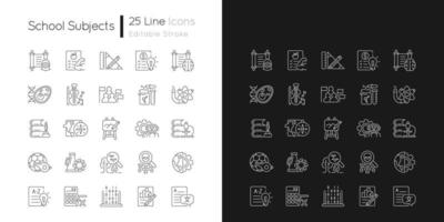 disciplinas escolares ícones lineares definidos para o modo escuro e claro. humanas e ciências aplicadas. Educação Física. símbolos de linha fina personalizáveis. ilustrações de contorno de vetor isolado. traço editável