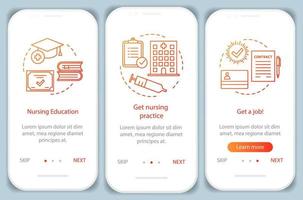 modelo de vetor de tela de página de aplicativo móvel de integração de educação de enfermagem. torne-se etapas do site passo a passo do cuidador com ilustrações lineares. ficando cuidador, trabalho de enfermeira. ux, ui, interface de smartphone gui