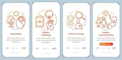 serviços pediátricos integrando a tela da página do aplicativo móvel com conceitos lineares. cardiologia, neonatologia, gastroenterologia passo a passo instruções gráficas. ux, ui, modelo de vetor gui com ícones