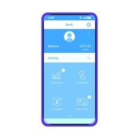 modelo de vetor de interface de conta bancária móvel. layout de design azul de interface de aplicativo de smartphone. tela de transações financeiras. estatísticas das atividades de financiamento. interface do usuário plana para aplicação. visor do telefone