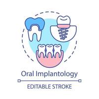 ícone do conceito de implantologia oral. Odontologia estética. instalação de implante e coroa. tratamento de dentes e ilustração de linha fina de ideia de restauração. desenho de contorno isolado de vetor. traço editável vetor