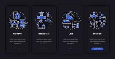 tela da página do aplicativo móvel de integração de energia não renovável. ecologia passo a passo 4 passos instruções gráficas com conceitos lineares. ui, ux, modelo de gui. modo noturno. uma miríade de fontes regulares pró-negrito usadas vetor