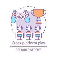 jogo de plataforma cruzada, ícone do conceito de cybersport. multiplayer, ilustração de linha fina de idéia de conexão remota. competição de esports, jogos online. desenho de contorno isolado de vetor. traço editável vetor