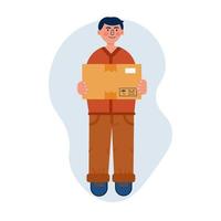 correio jovem segurando uma caixa grande, serviço de entrega rápida. vetor
