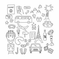 viajar pelo mundo. conjunto de símbolos de turismo. férias no mar. viajando de avião. ilustração vetorial doodle. esboço desenhado à mão. vetor