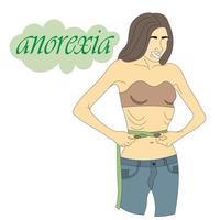 jovem que sofre de anorexia. menina com anorexia nervosa mede a cintura com fita. morena muito magra com consequências da síndrome da anorexia. doença feminina bulimia. vetor, eps 10. vetor