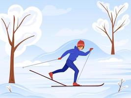 uma jovem vai esquiar na paisagem de inverno. ilustração vetorial estilo caricatural do esporte de inverno. conceito de ilustração de atividade ao ar livre de inverno