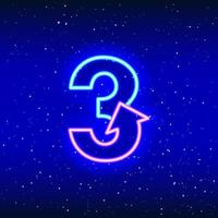 número 3 e ícone de sinal de seta na cor azul neon e rosa. número três setas de estrelas do espaço. design de dígito linear neon. ícone de néon realista. ícone linear sobre fundo azul. vetor
