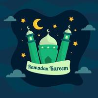 ilustração de ramadan kareem com lua crescente e conceito de mesquita. estilo de desenho animado de design plano vetor