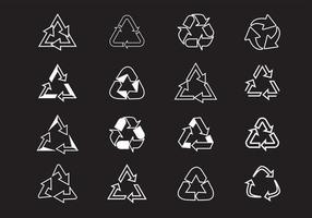 definir ícones de reciclagem brancos sobre fundo preto. modelo de rótulo. setas do círculo ecológico. ícones vetoriais. vetor