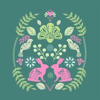 Teste padrão printable da arte popular escandinava com coelhos e flores vetor