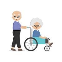 Casal de idosos Velho carrega uma velha em uma cadeira de rodas.
