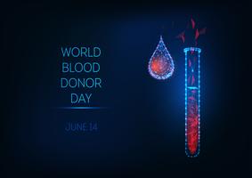 Banner de dia do doador de sangue do mundo com o tubo de ensaio de baixo poli brilhante e gota de sangue sobre fundo azul escuro. vetor