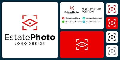 design de logotipo imobiliário e fotografia com modelo de cartão de visita. vetor